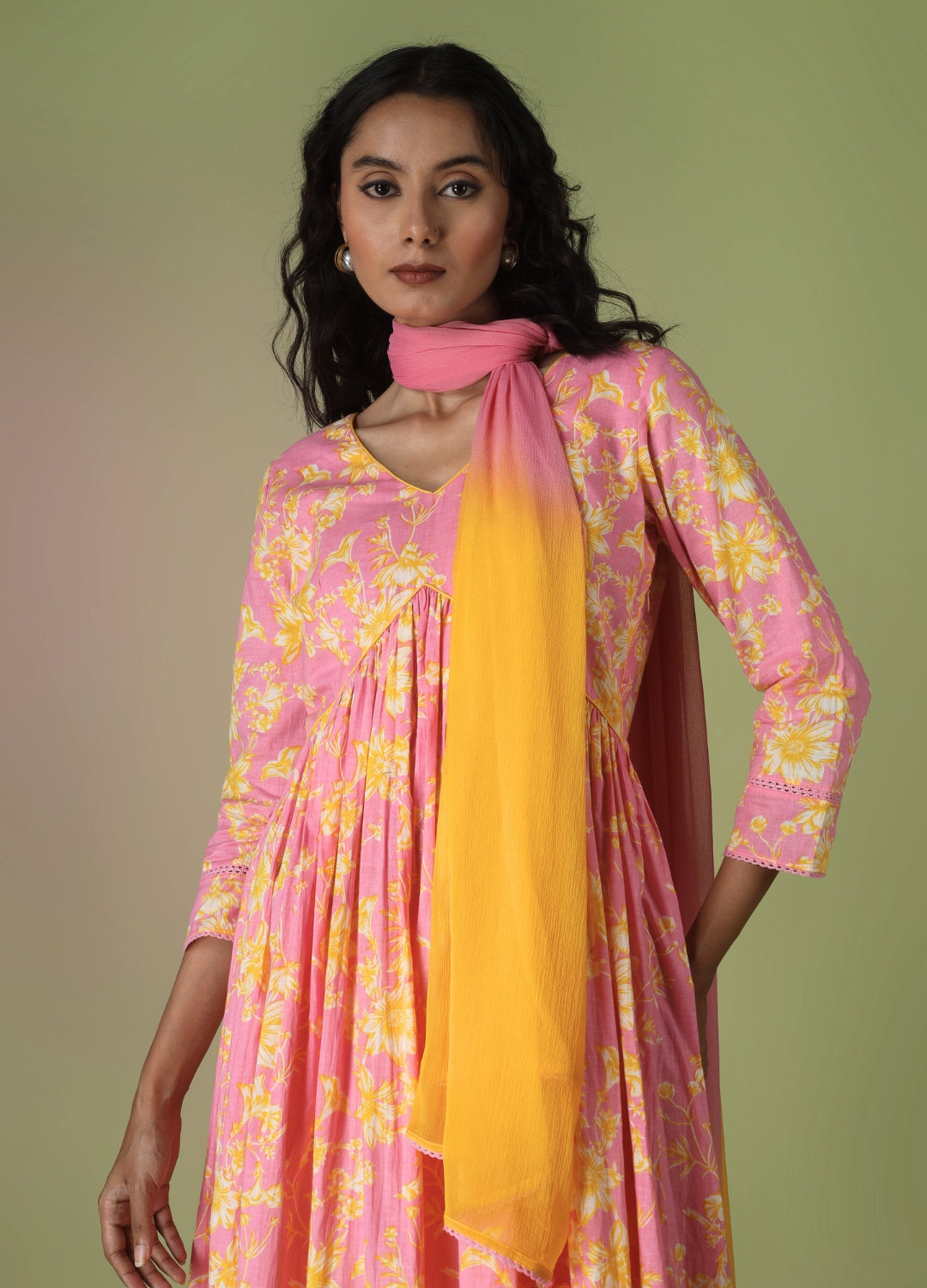 Pink Printed Cross Anarkali Suit Set
