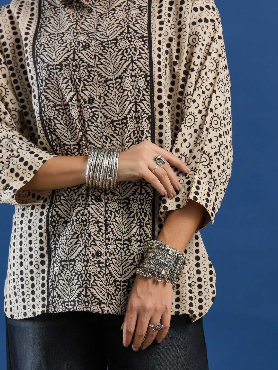 Black Handblock Printed Loose Fit Cotton Shirt