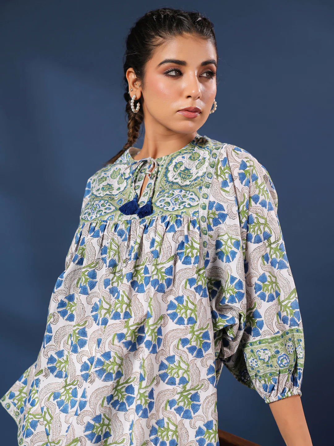 White and Green Handblock Printed Boho Volume Sleeved Top