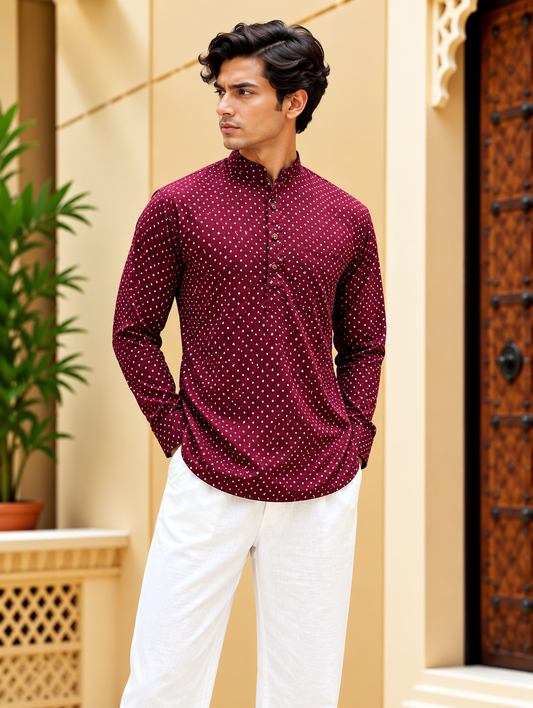 Purple Bandhani Printed Short Kurta