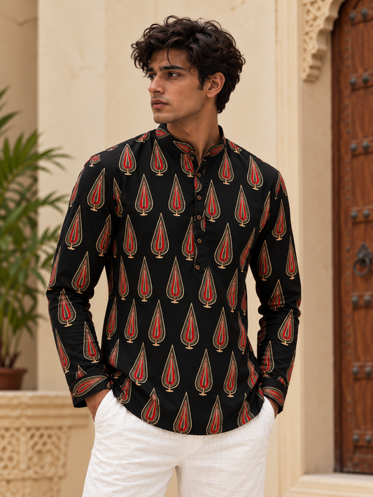Black and Red Printed Short Kurta
