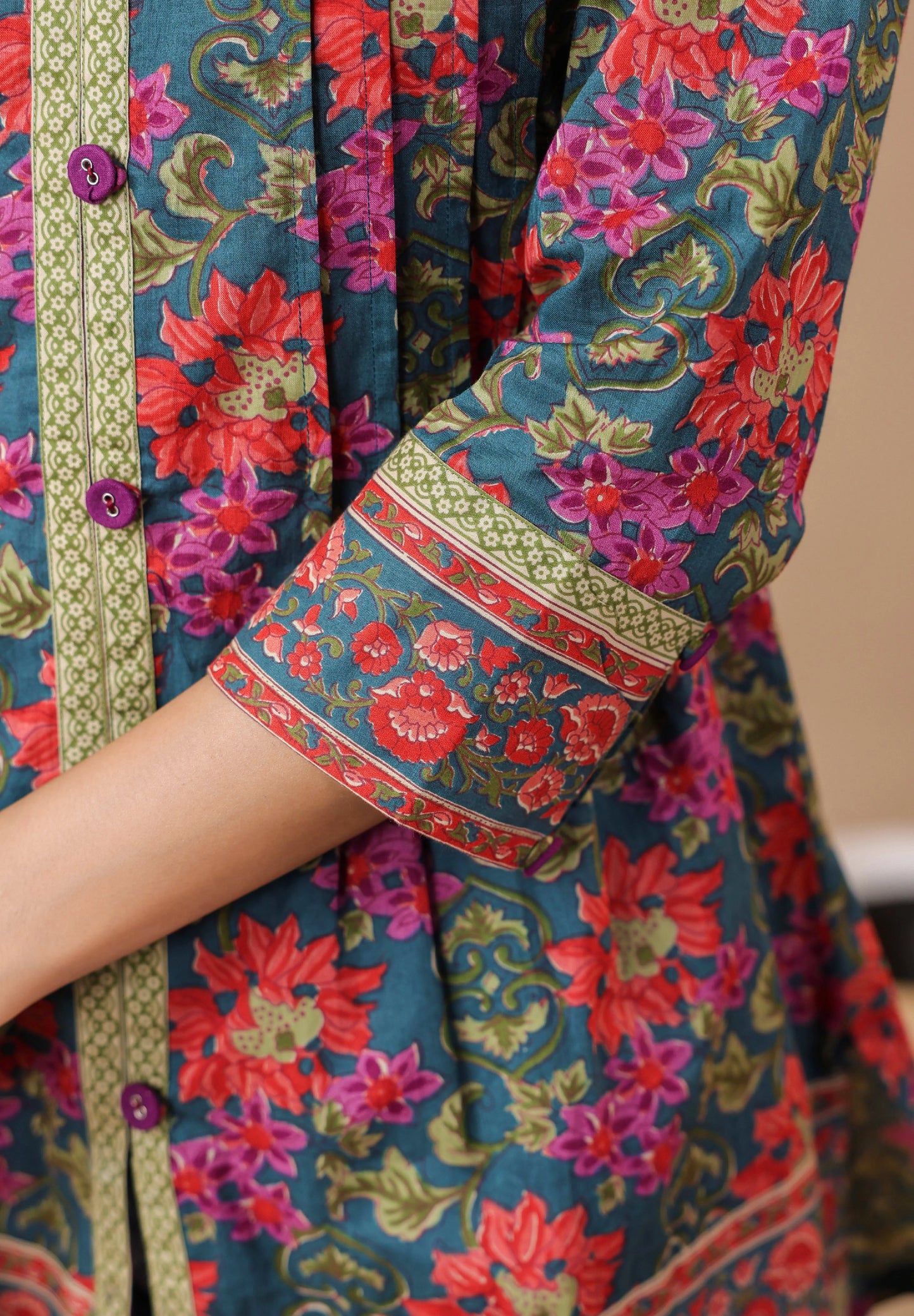 Green Printed Pintucks Cotton Top