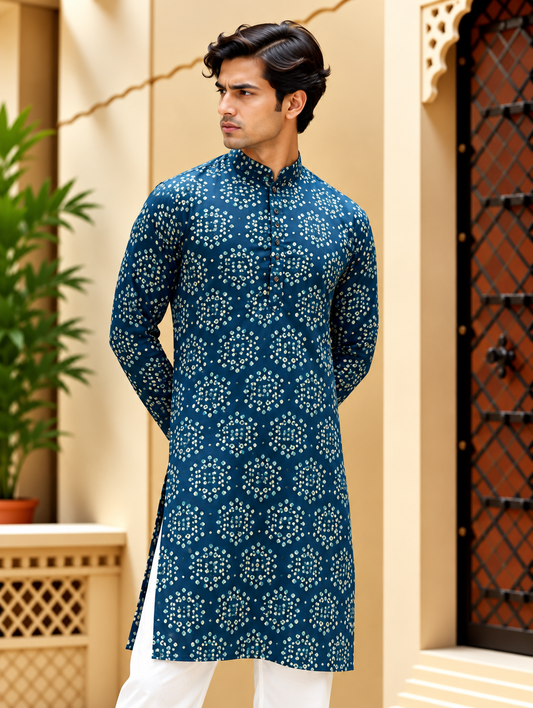 Blue Bandhani Printed Long Kurta