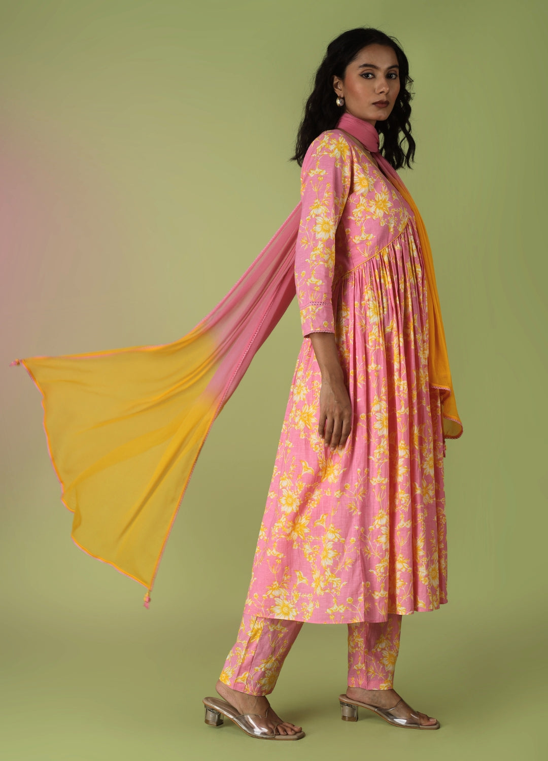 Pink Printed Cross Anarkali Suit Set