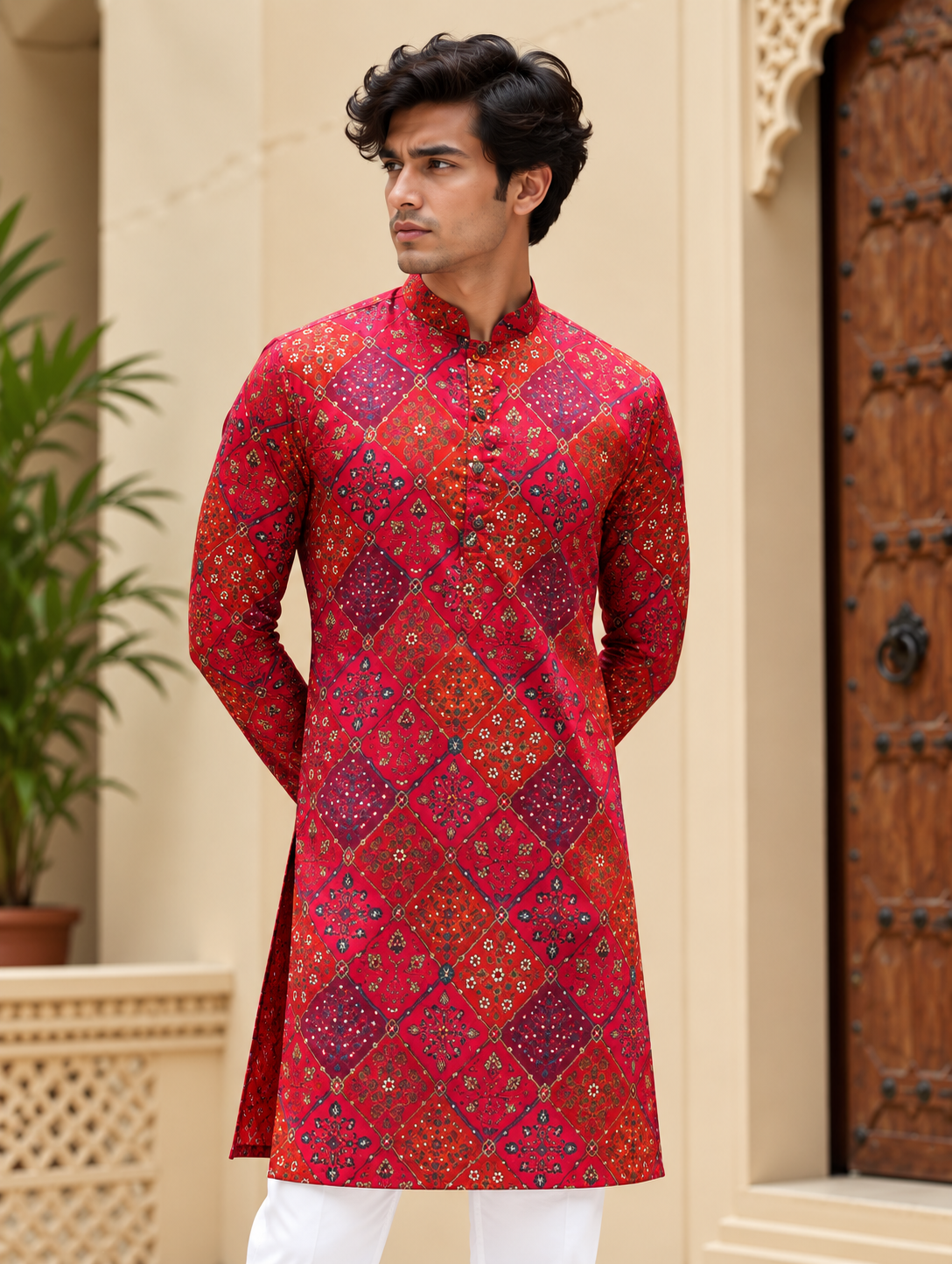 Red Patchwork Long Kurta