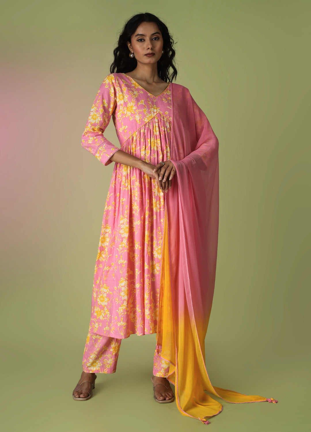 Pink Printed Cross Anarkali Suit Set