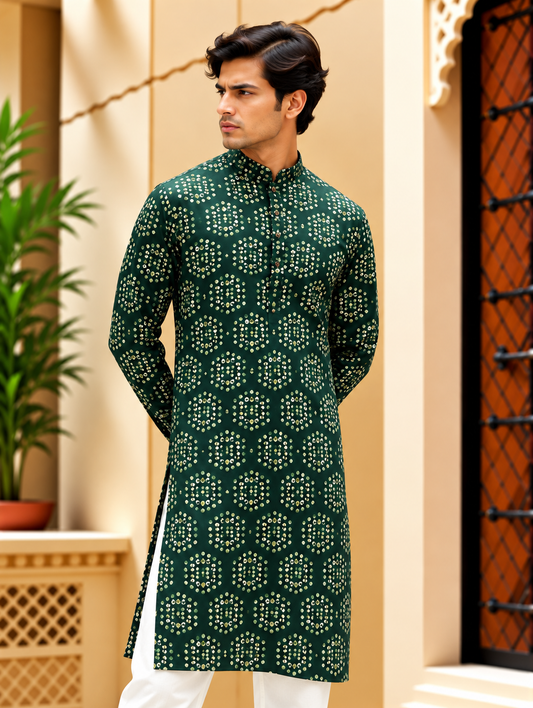 Green Bandhani Printed Long Kurta