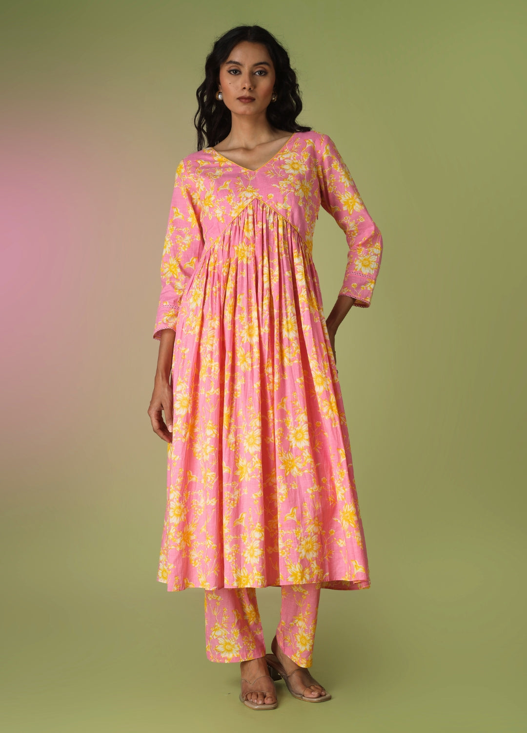 Pink Printed Cross Anarkali Suit Set