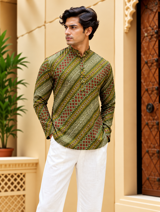Green Bandhani Striped Short Kurta