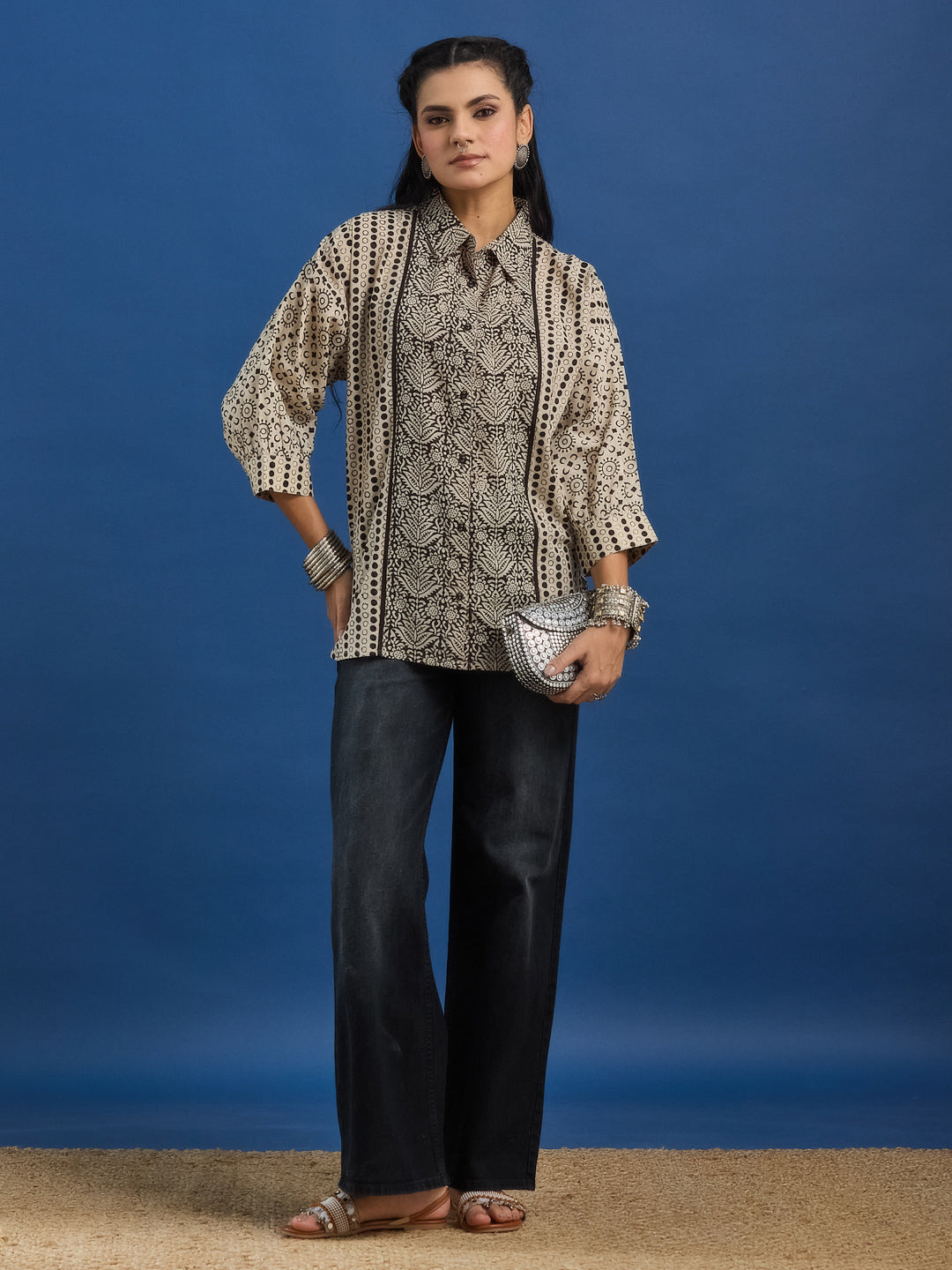 Black Handblock Printed Loose Fit Cotton Shirt