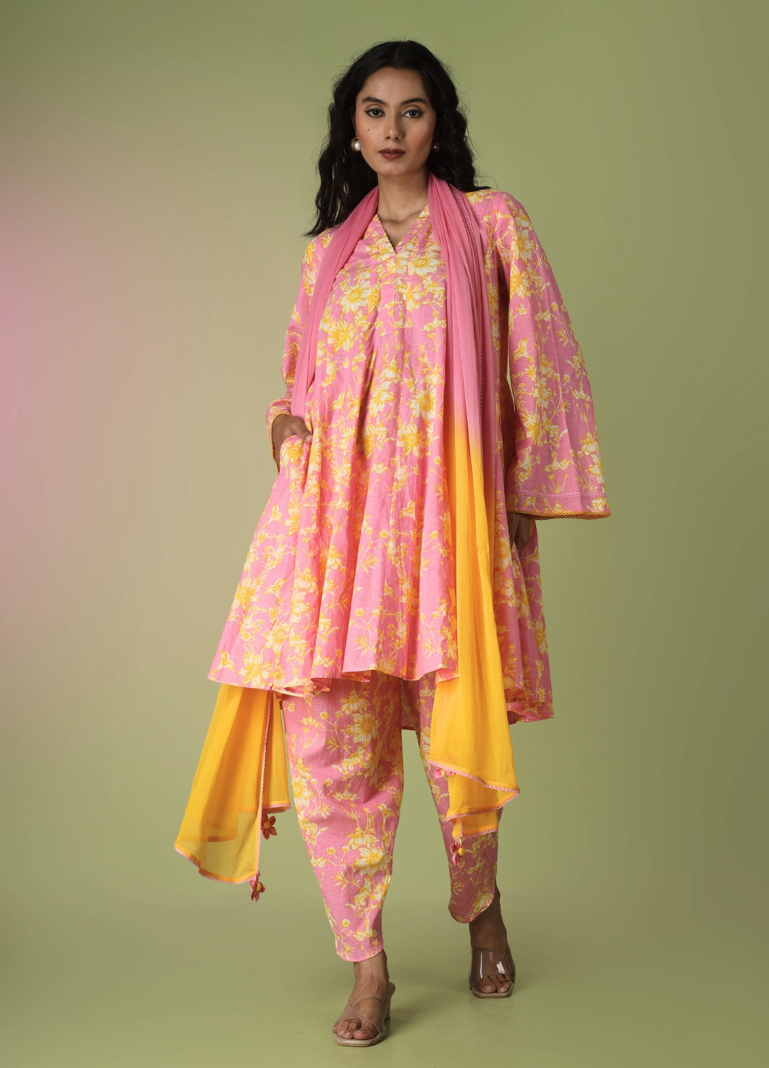 Pink Printed Short Kurta with Tulip Pants