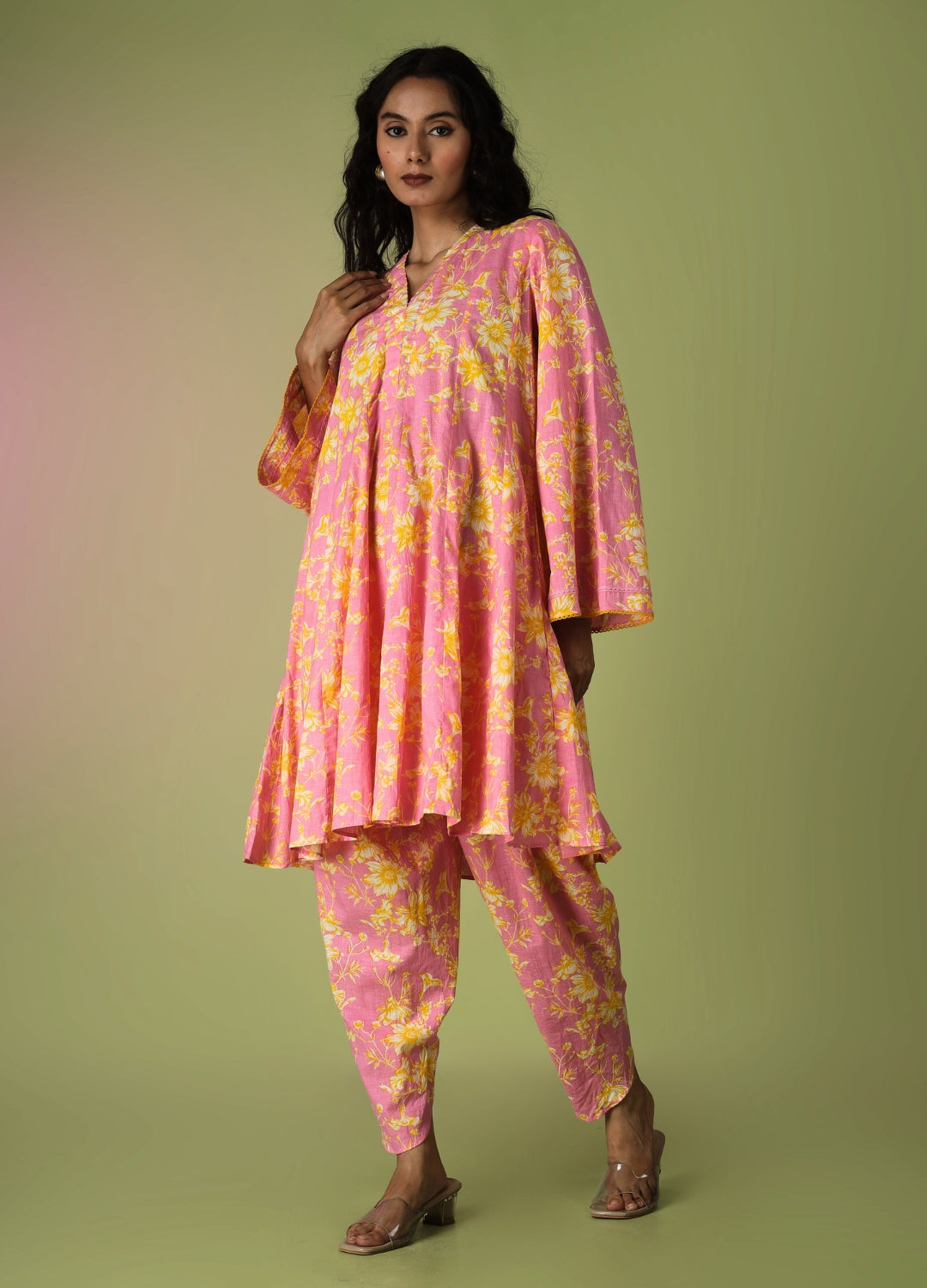 Pink Printed Short Kurta with Tulip Pants