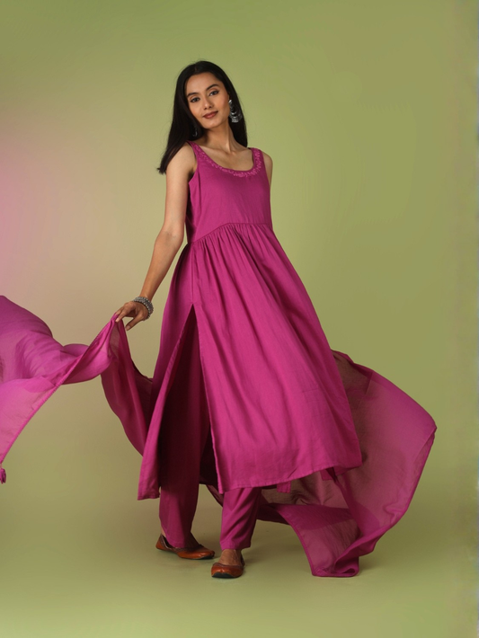 Raspberry Round Neck Anarkali Suit Set