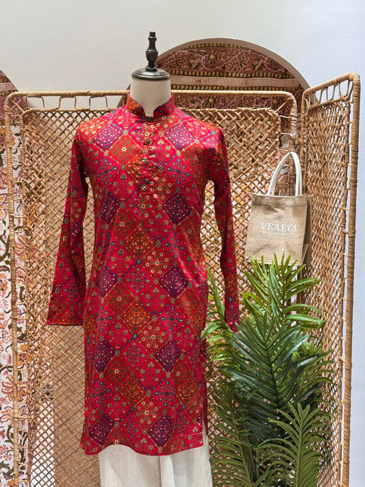 Red Patchwork Long Kurta