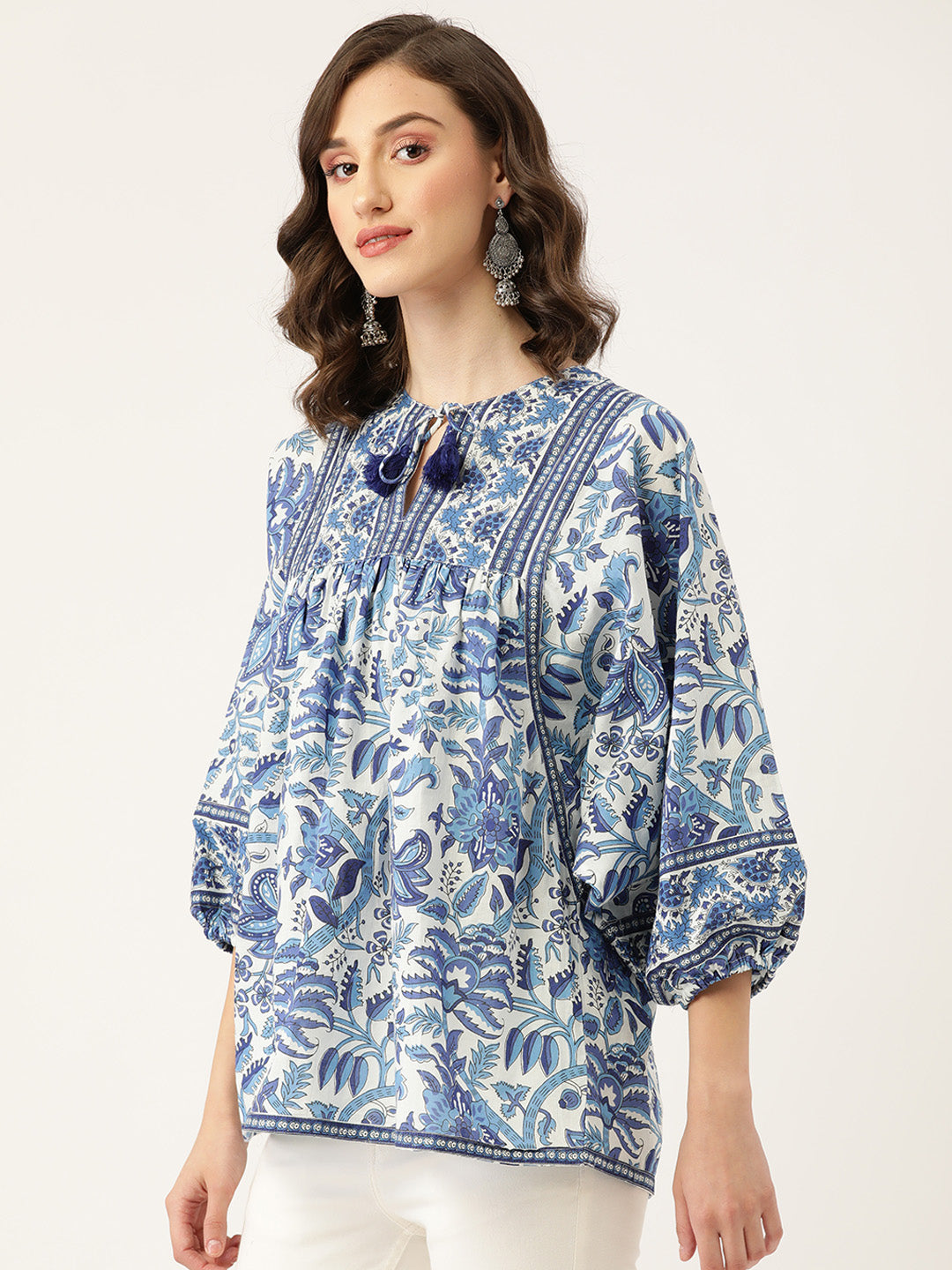 Blue Hand-Block Printed Boho Volume Sleeved Top