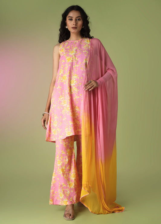 Pink Sleeveless Kurta with Flared Pants