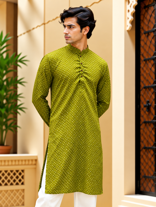 Lime Green Bandhani Printed Long Kurta
