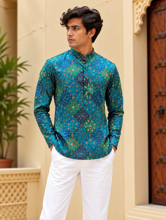 Teal Blue Patchwork Short Kurta