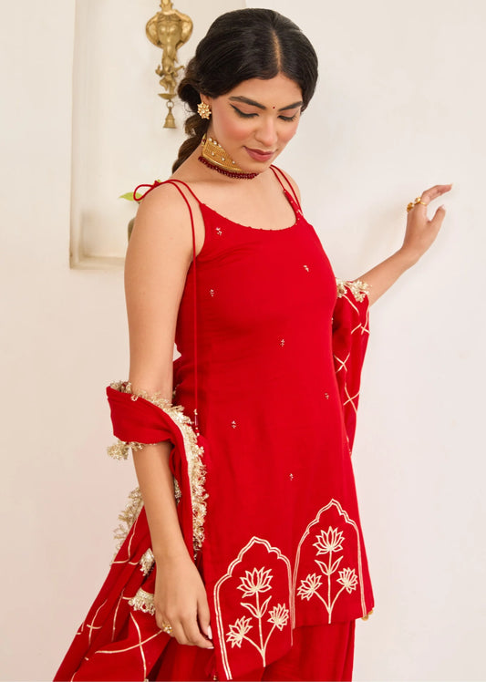 Strappy Kurta with Farshi Shalwar - Kumkum Red