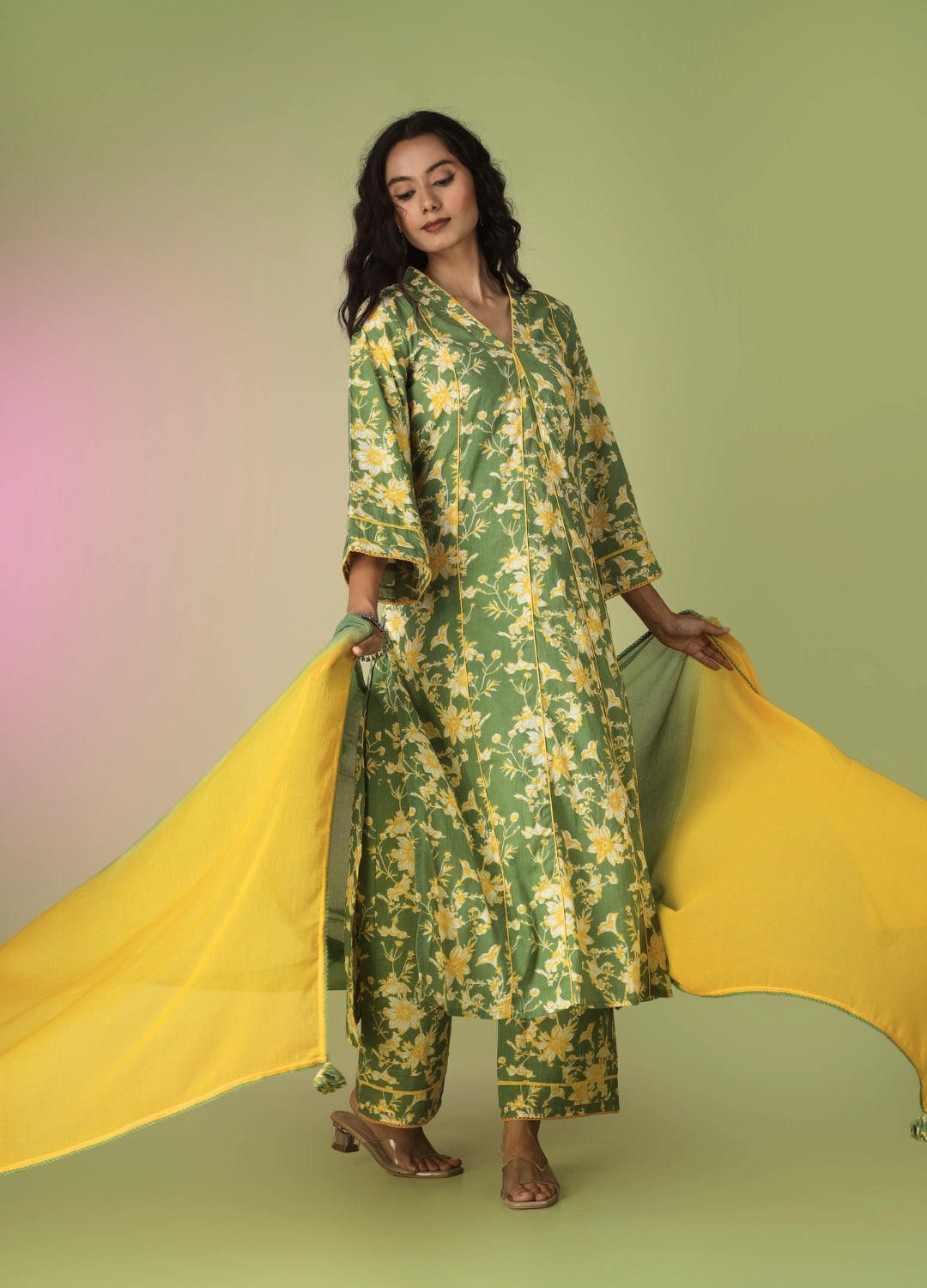 Green Printed Collar Neck Anarkali Set