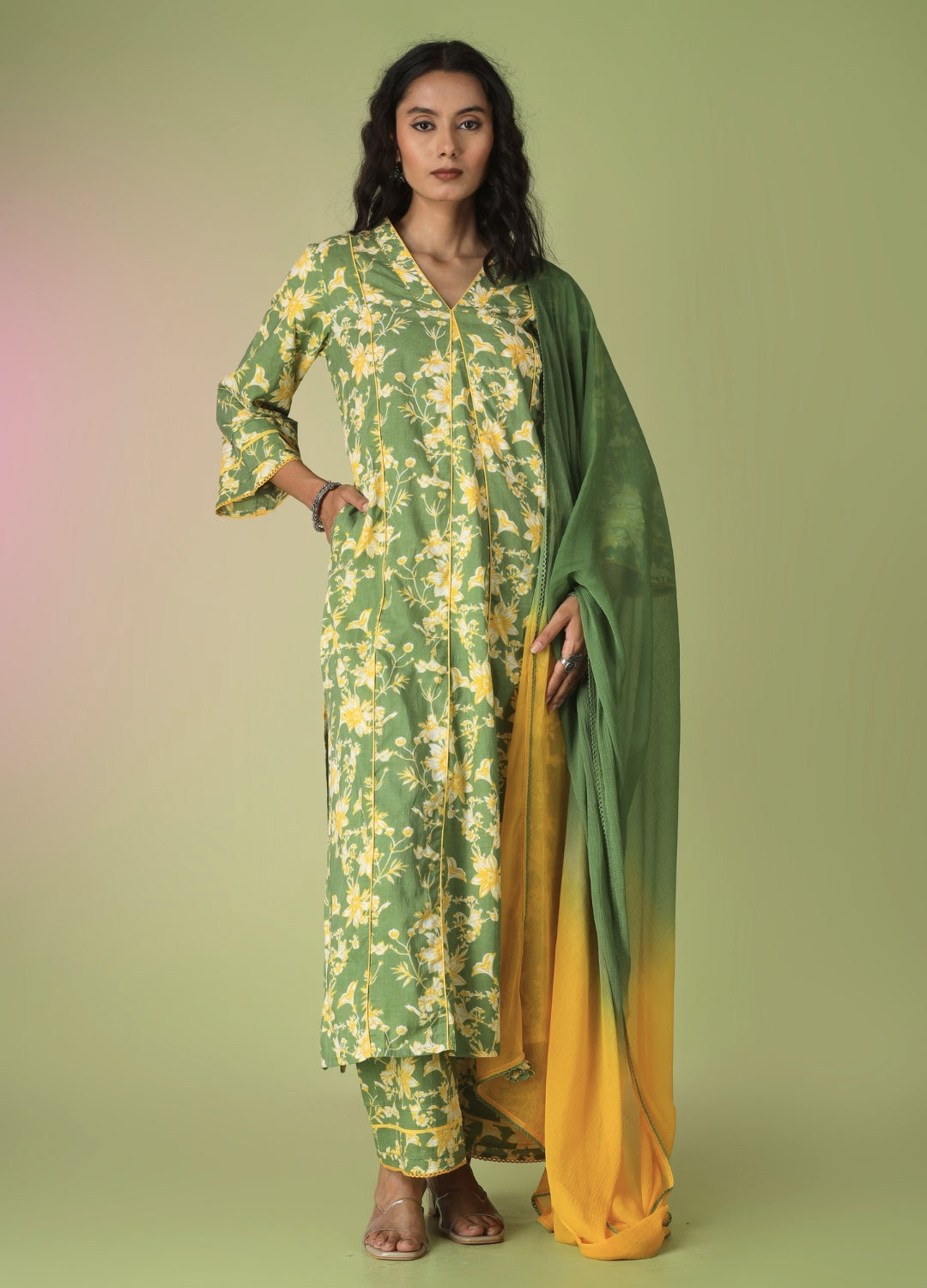 Green Printed Collar Neck Anarkali Set
