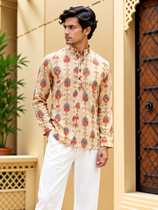 Cream Multicolour Printed Short Kurta