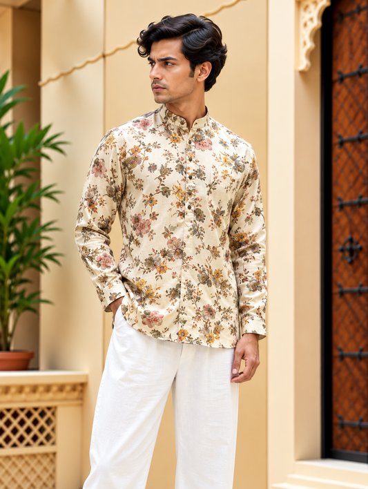 Cream Floral Printed Short Kurta