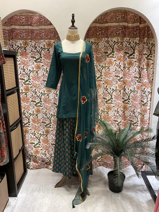 Teal Sharara Sleeved Set