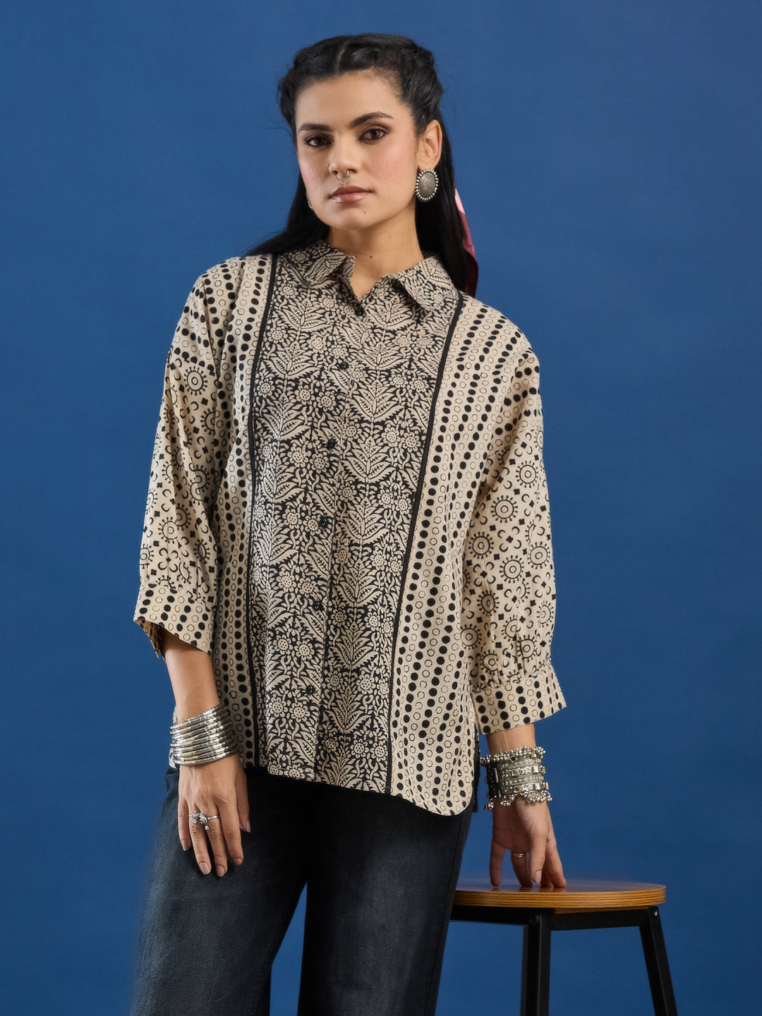 Black Handblock Printed Loose Fit Cotton Shirt