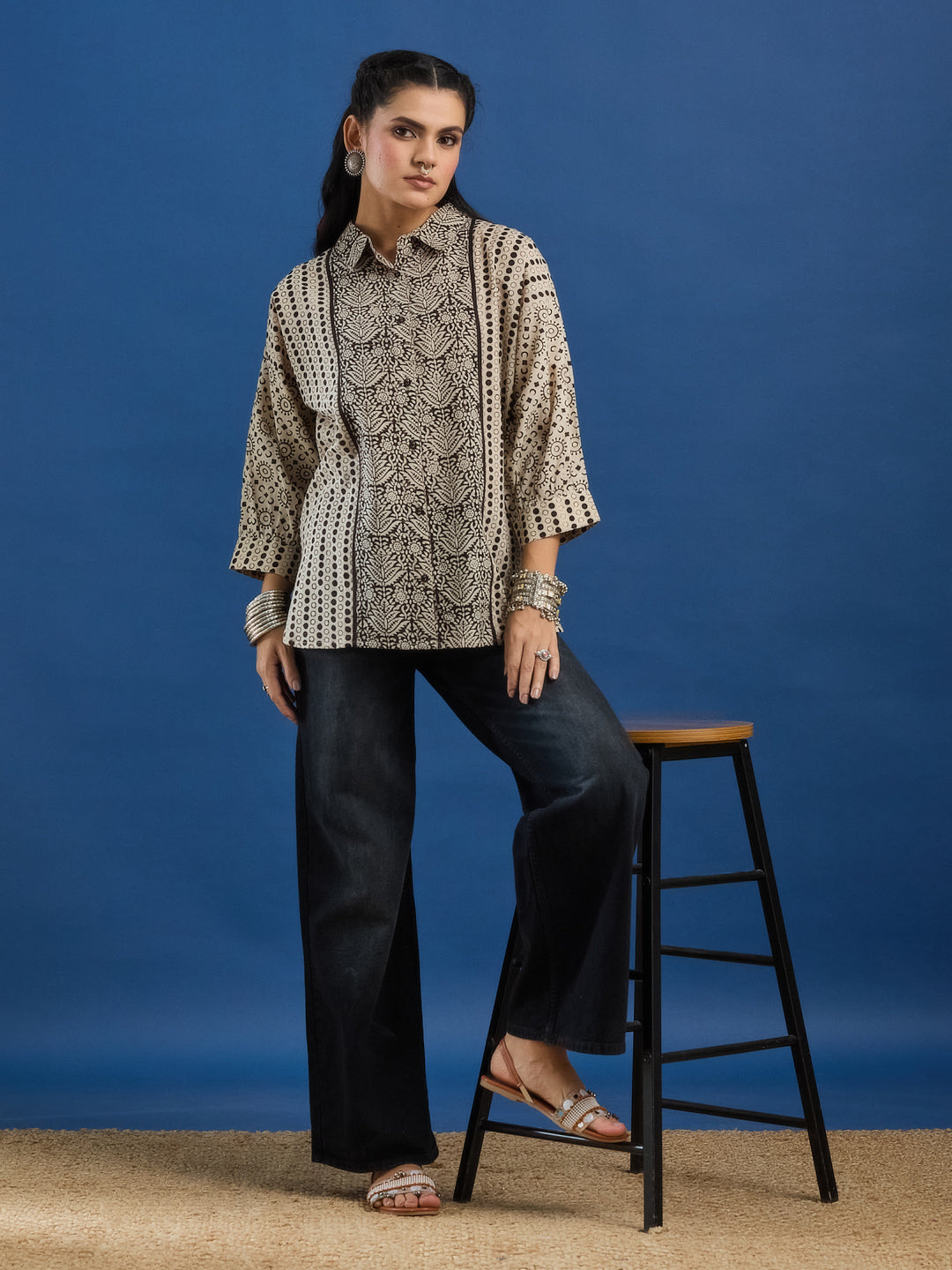 Black Handblock Printed Loose Fit Cotton Shirt