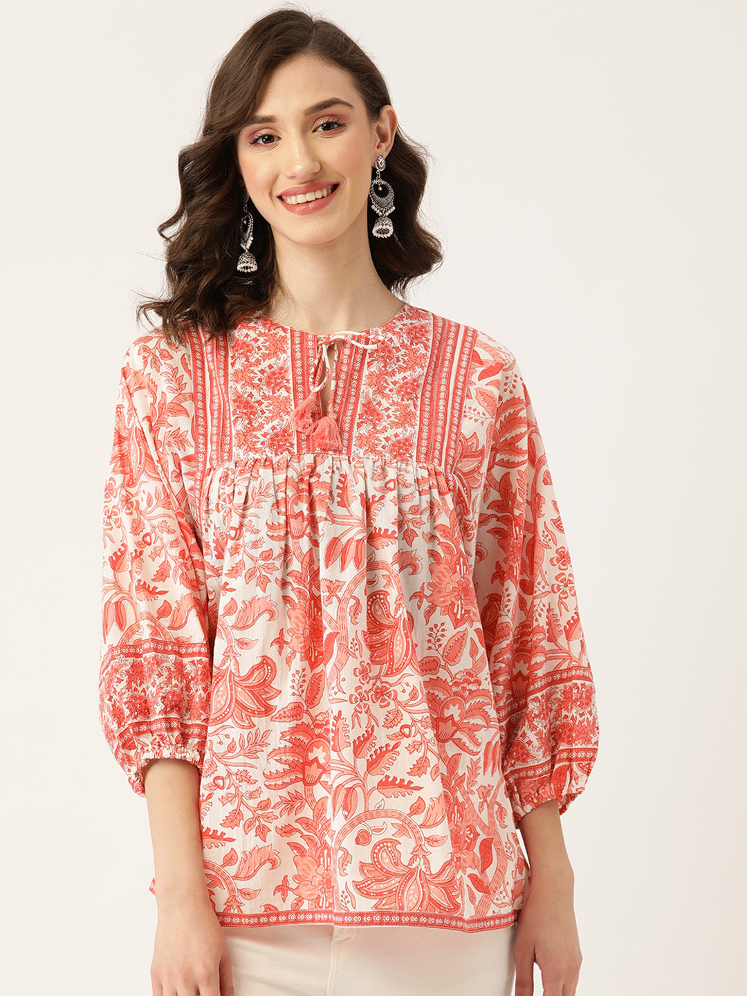 Coral Hand-Block Printed Boho Volume Sleeved Top