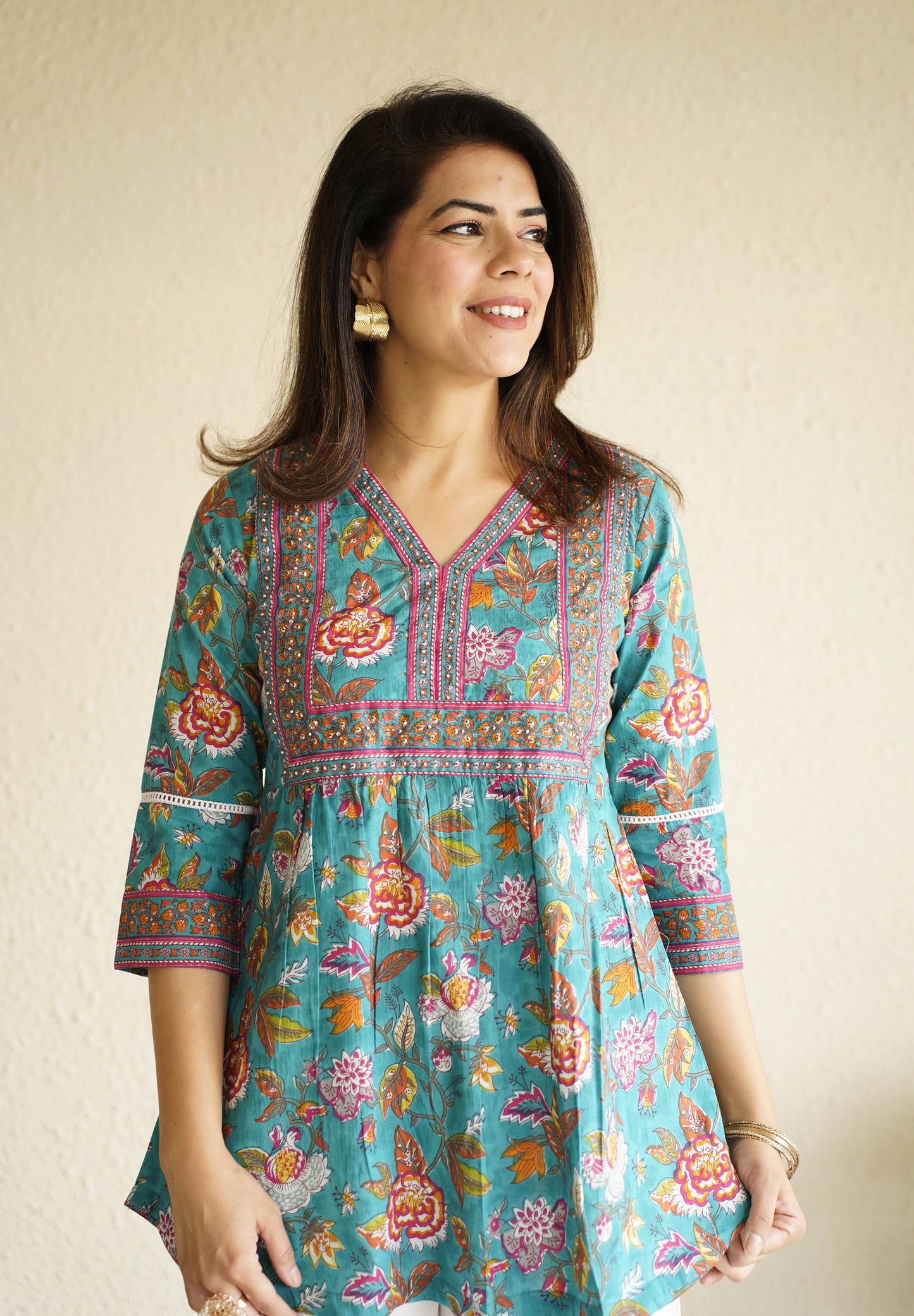 Sea Green Floral Print Cotton Top