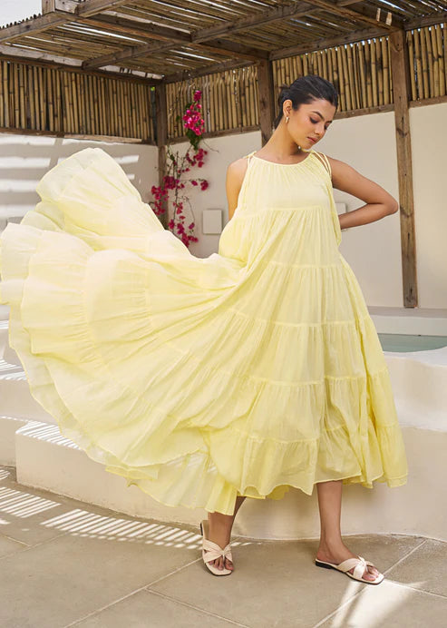 Pastel Yellow Multi Tier Maxi Dress