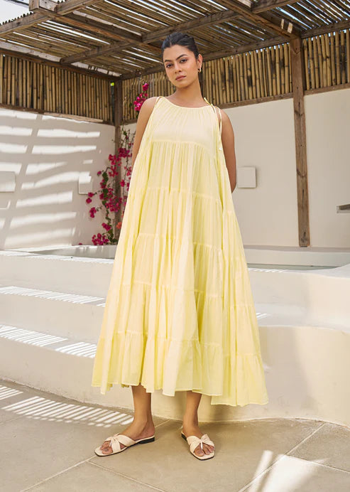 Pastel Yellow Multi Tier Maxi Dress