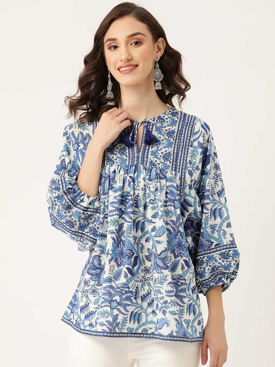 Blue Hand-Block Printed Boho Volume Sleeved Top