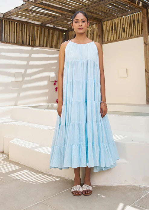 Pastel Blue Multi Tier Maxi Dress