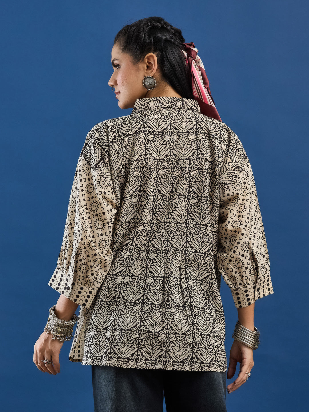 Black Handblock Printed Loose Fit Cotton Shirt