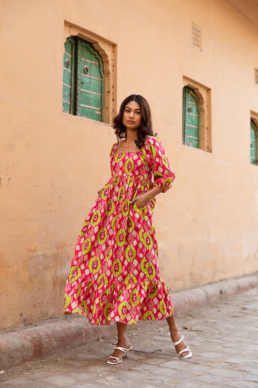 Pink Printed Sleeved Dress