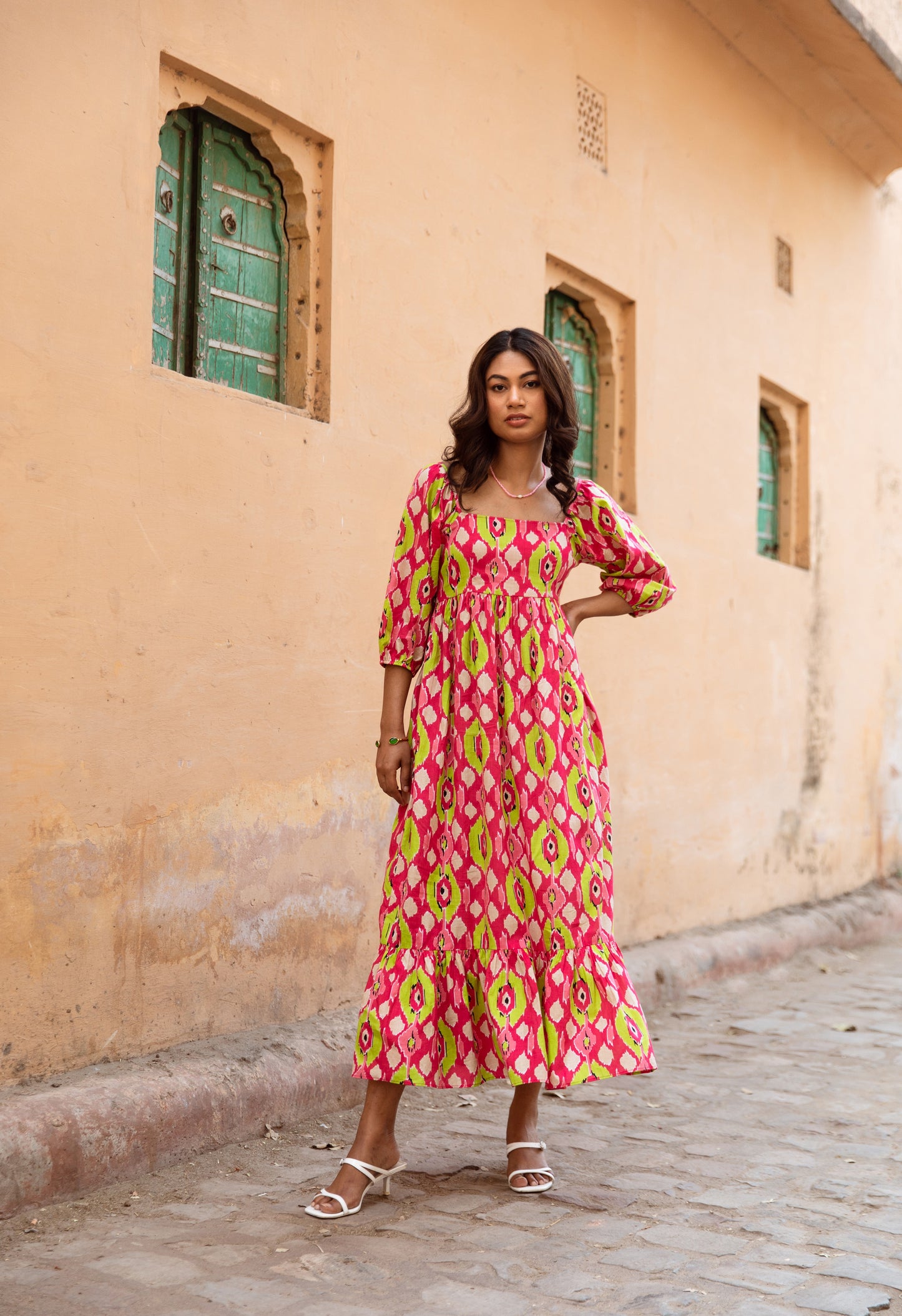 Pink Printed Sleeved Dress