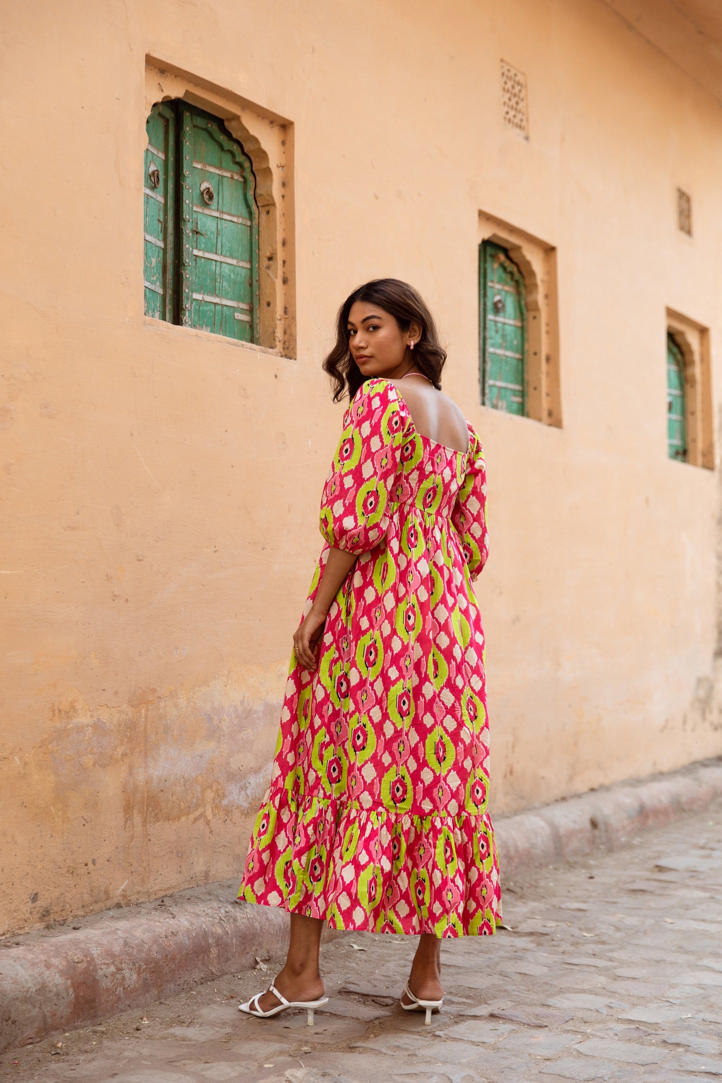 Pink Printed Sleeved Dress