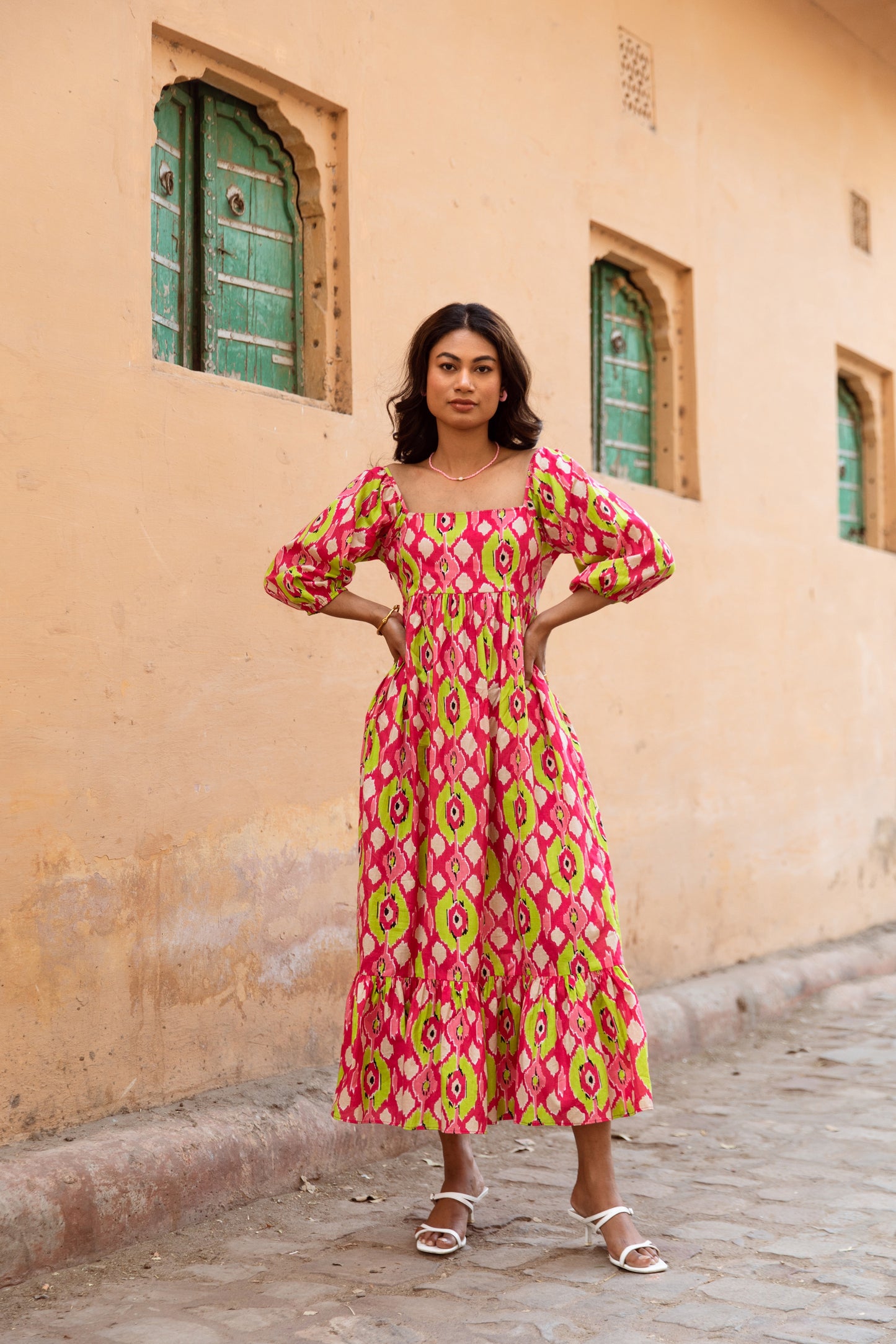 Pink Printed Sleeved Dress