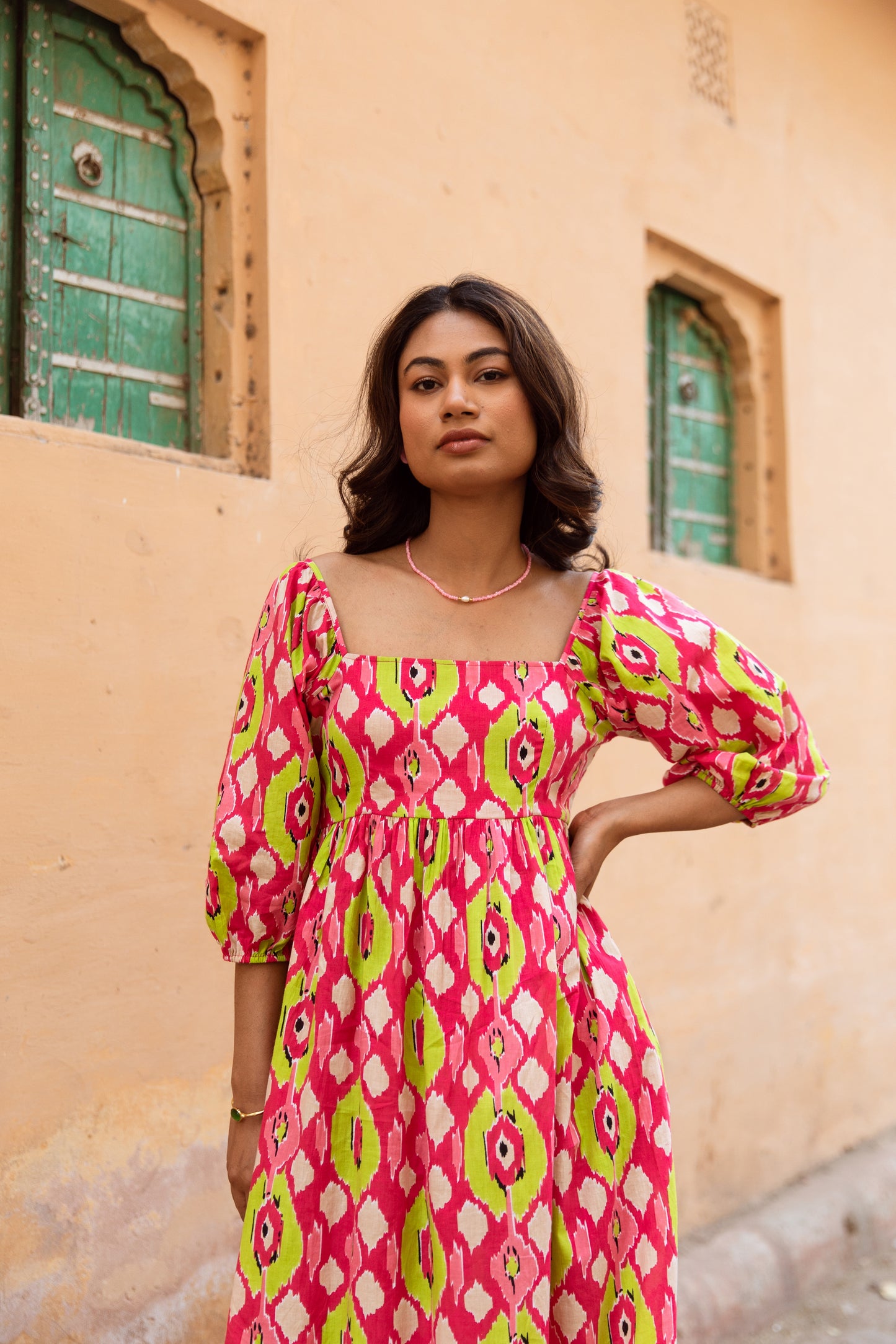 Pink Printed Sleeved Dress
