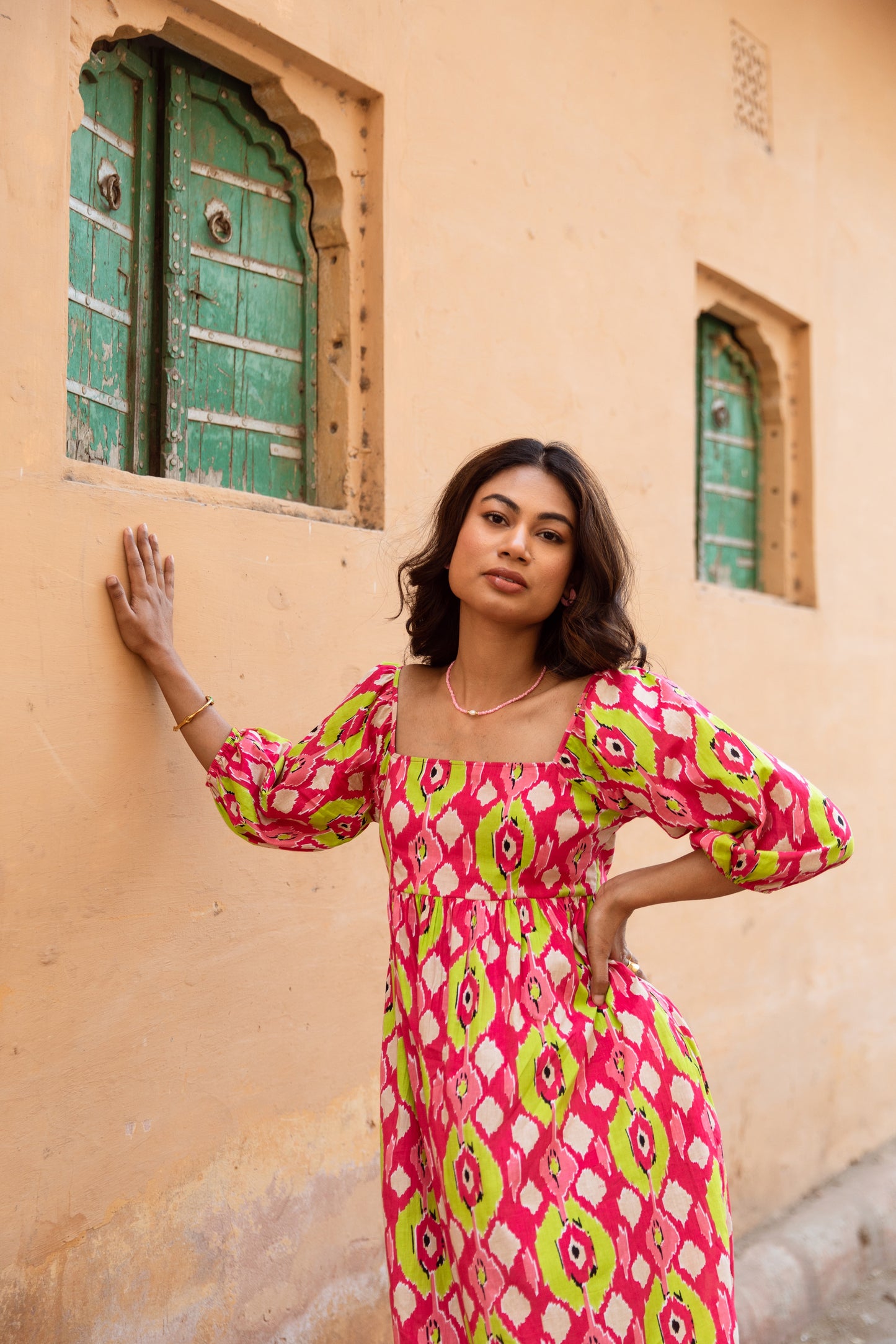 Pink Printed Sleeved Dress