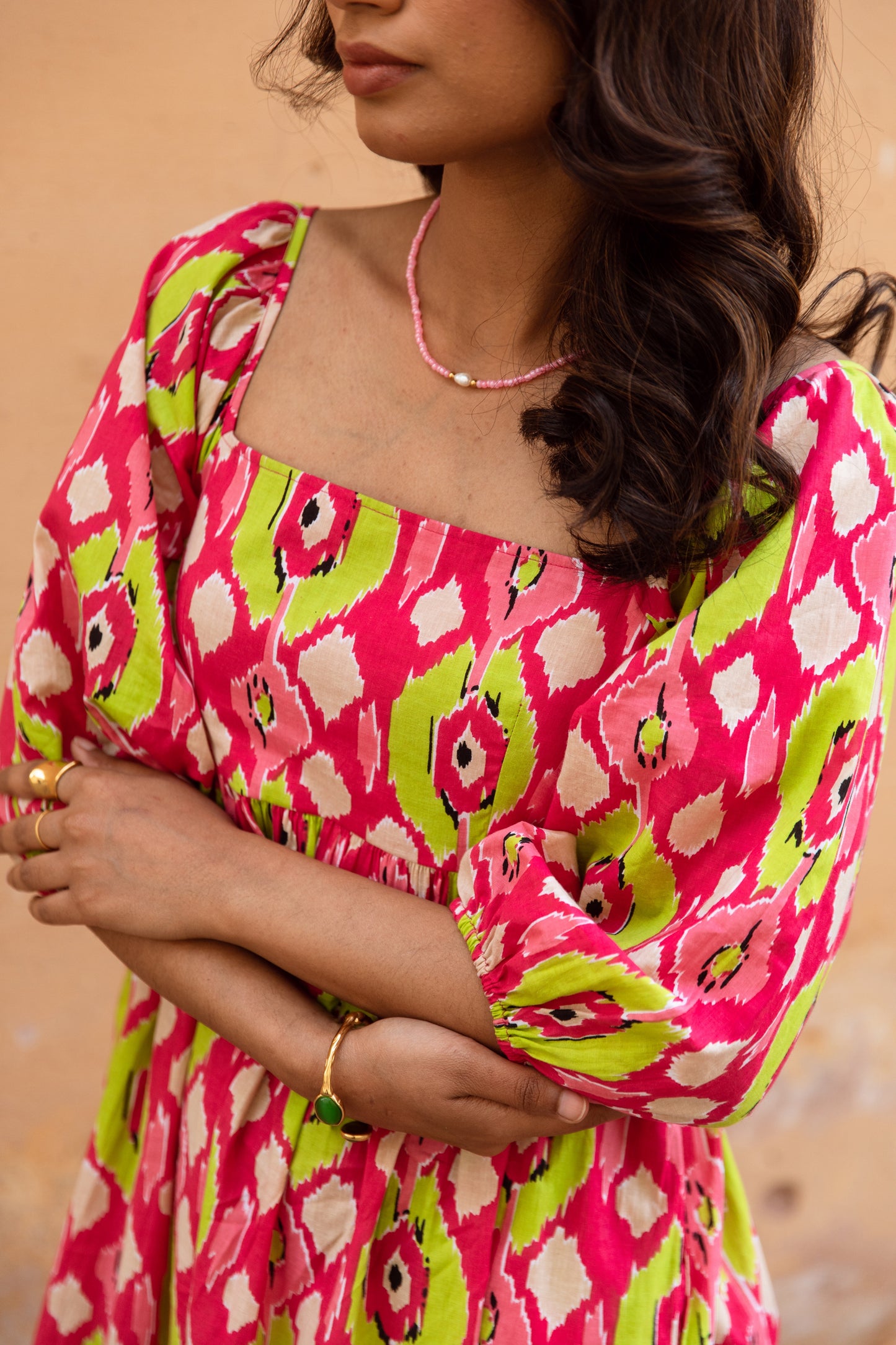 Pink Printed Sleeved Dress
