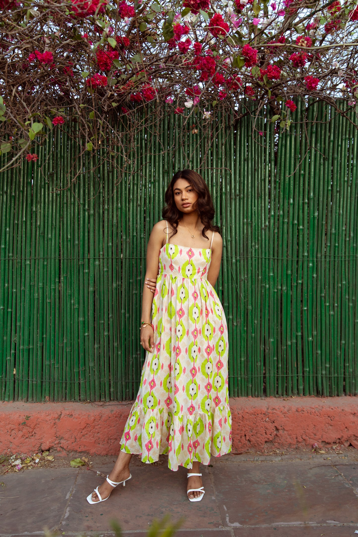 Cream Printed Thin Strap Dress