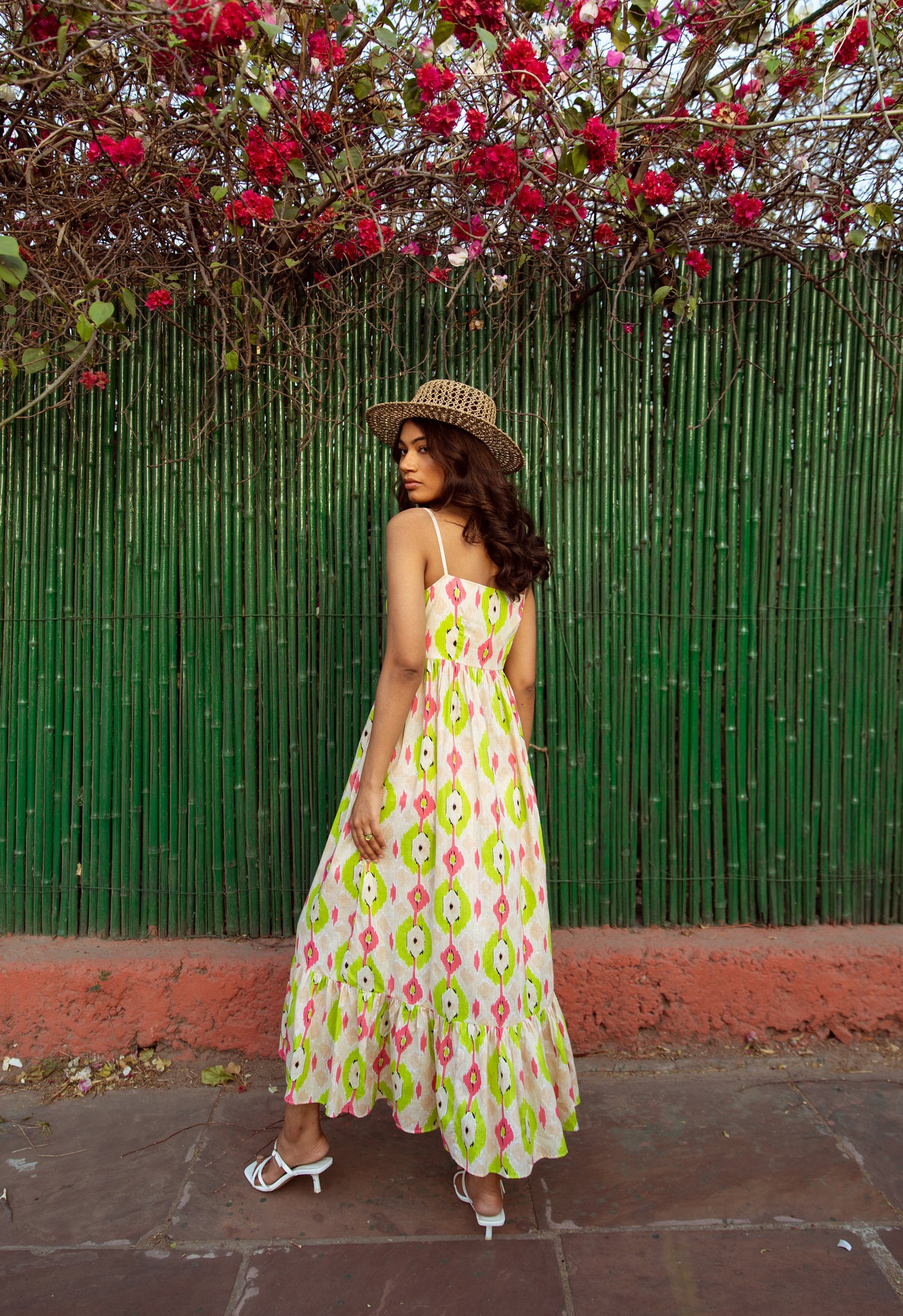 Cream Printed Thin Strap Dress