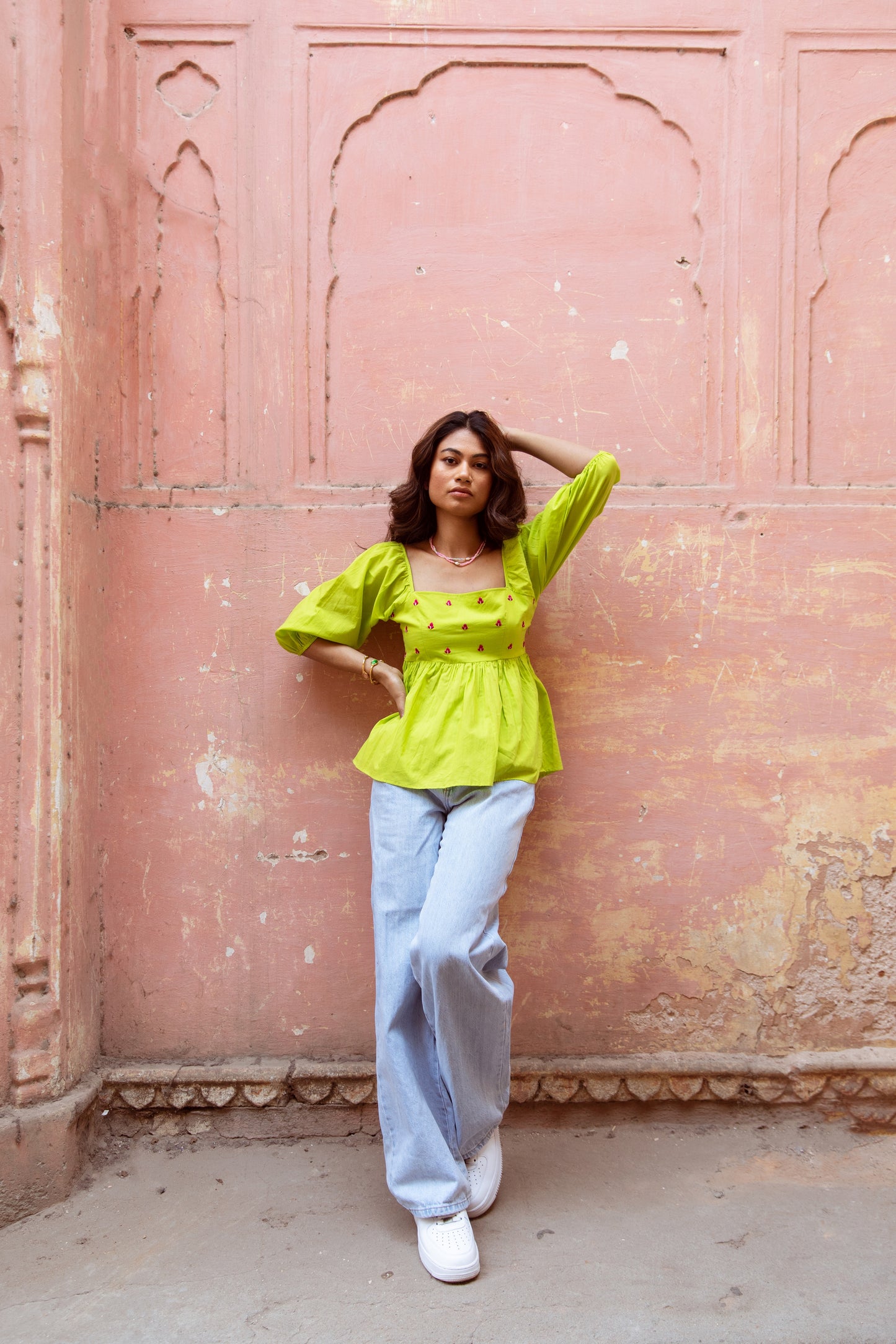 Green Solid Sleeved Top