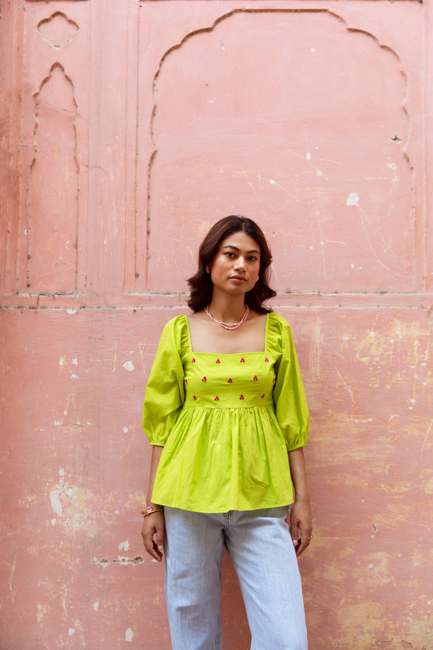 Green Solid Sleeved Top