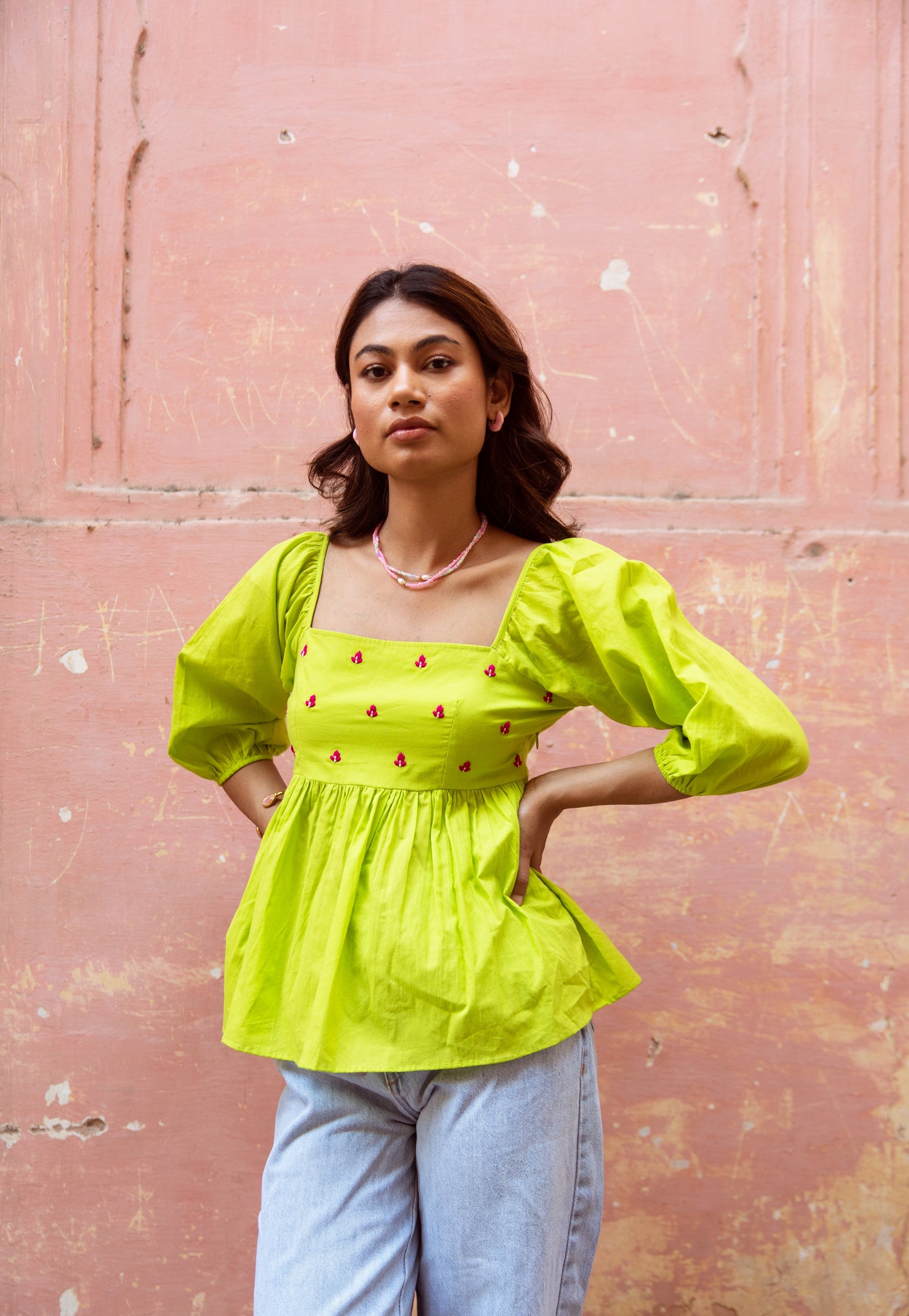 Green Solid Sleeved Top