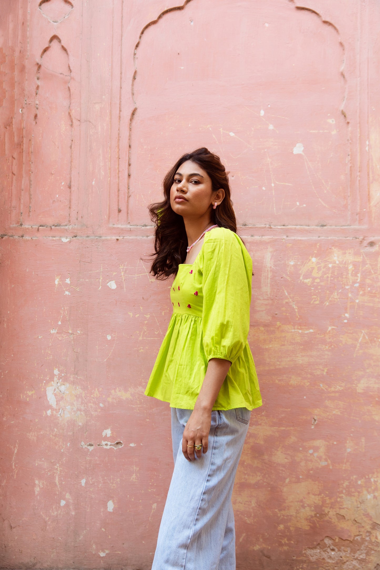 Green Solid Sleeved Top